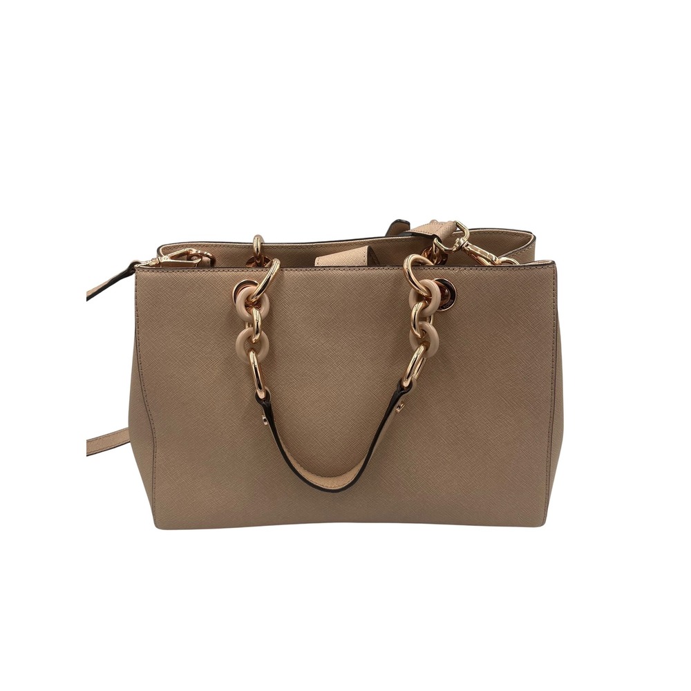 Michael Kors Cynthia Medium Satchel Taupe Saffiano Leather Crossbody Bag Gold MK